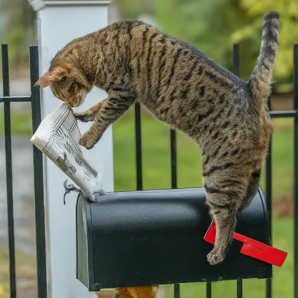 A picture of a tabby cat checking mail from a mailbox